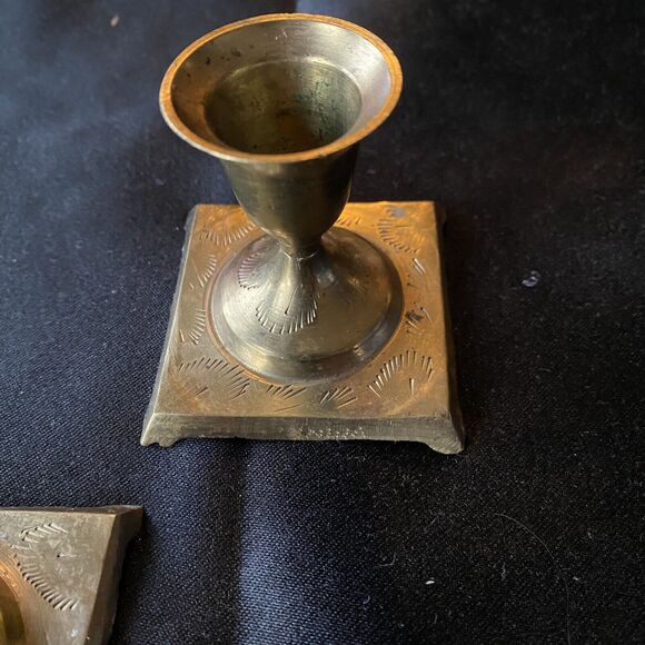 Vintage Mid Century Etched Tapered Candle Holder Set Of 2. Solid Brass. India. - Picture 5 of 7